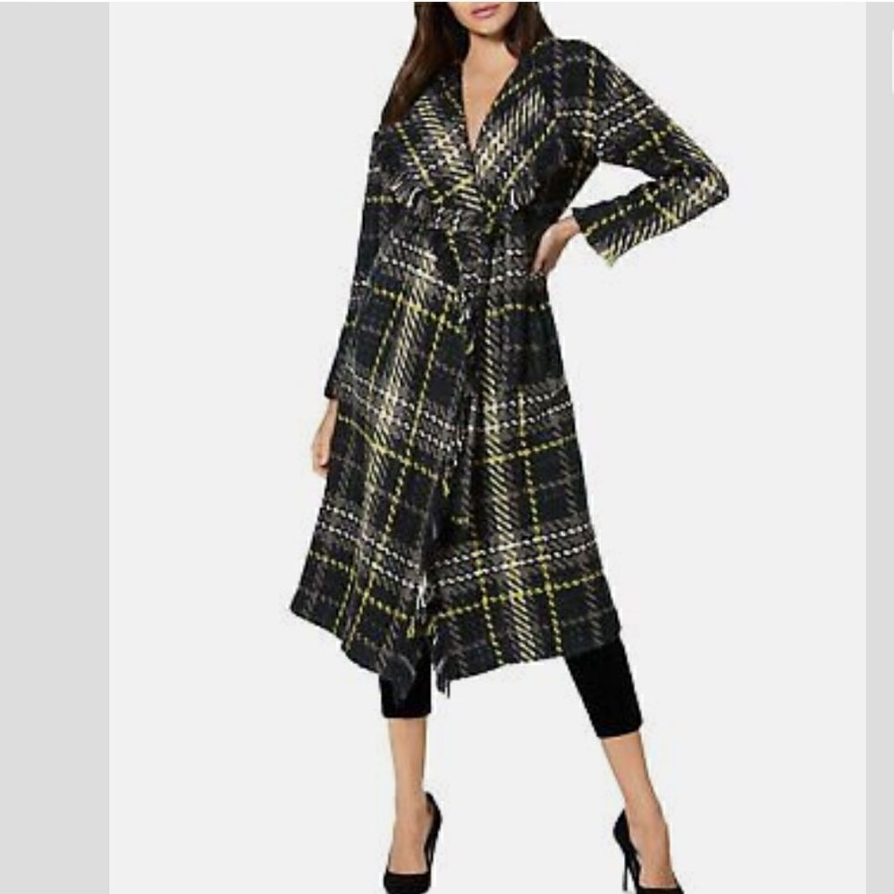 Ramy Brook Women's Black Bryan Fringed Plaid Tie-Waist Jacket Coat Black XXS